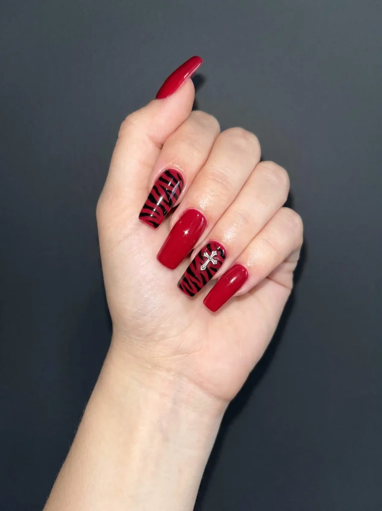 Red Zebra Silver Cross Nails
