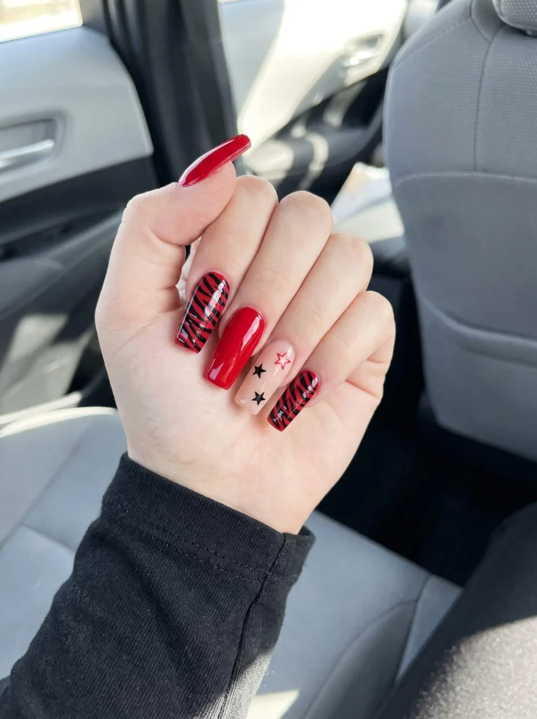 Red Zebra Star Accent Nails