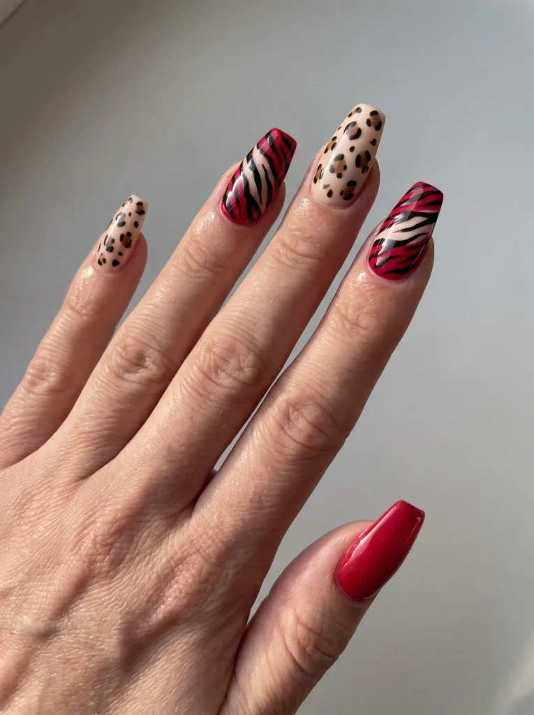 Red Zebra and Cheetah Print Nails