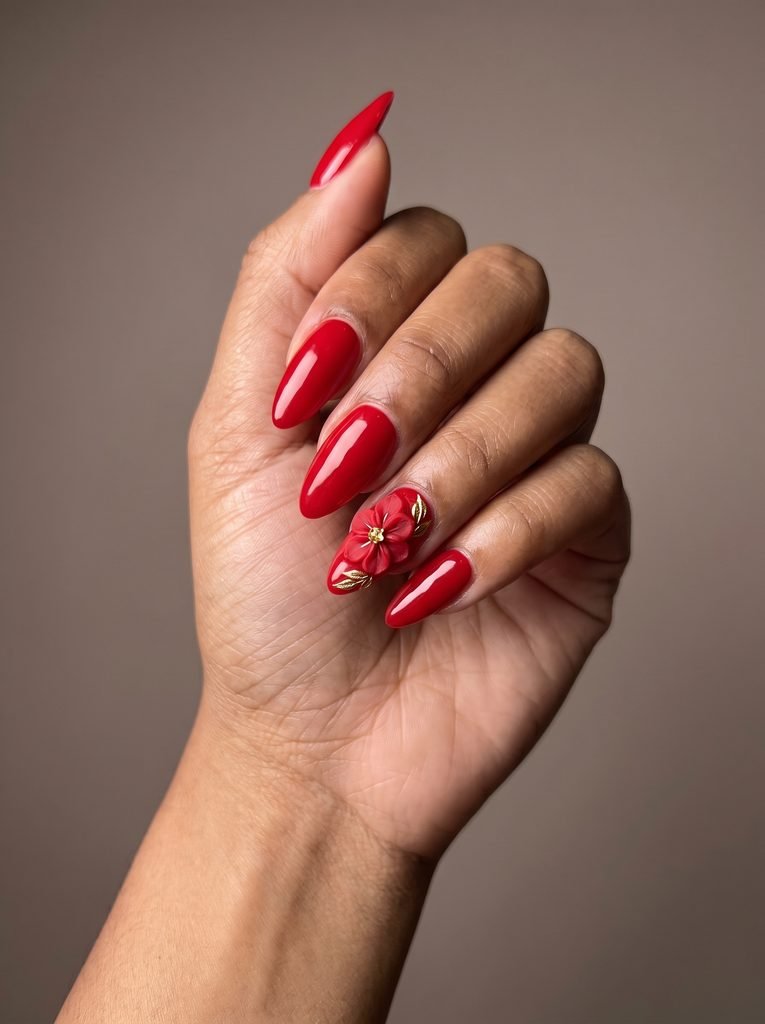 Red and Gold 3D Flower Nails