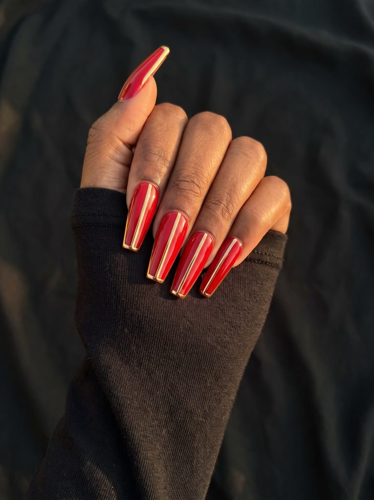Red and Gold Coffin Nail Designs