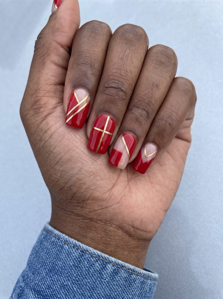 Red and Gold Geometric Square Nails