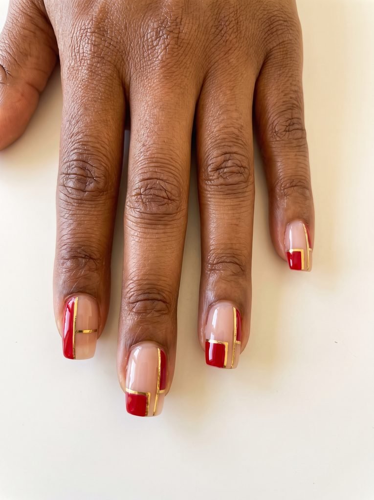 Red and Gold Negative Space Nails