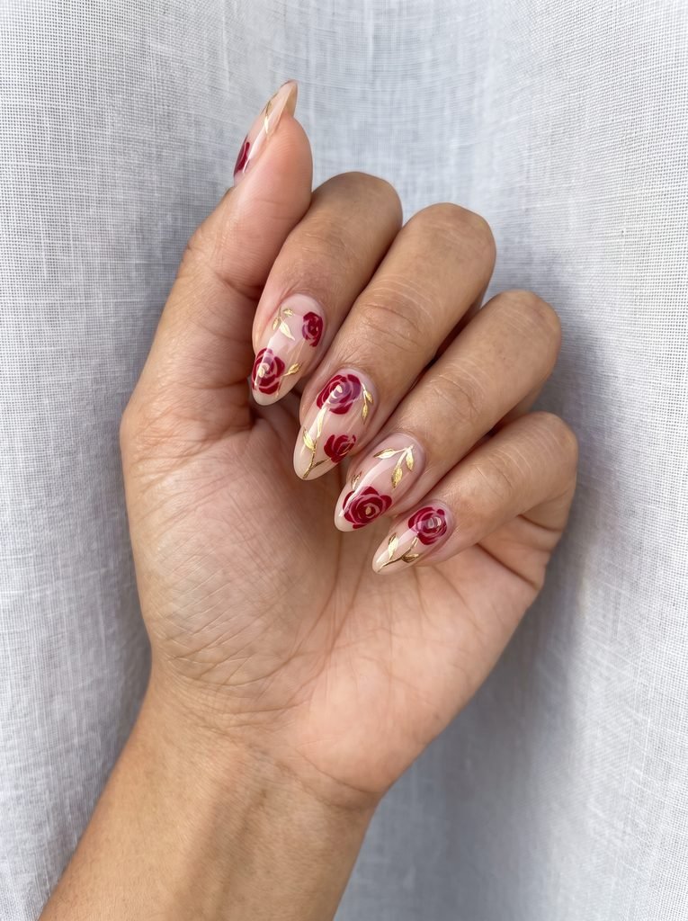 Red and Gold Rose Nail Designs