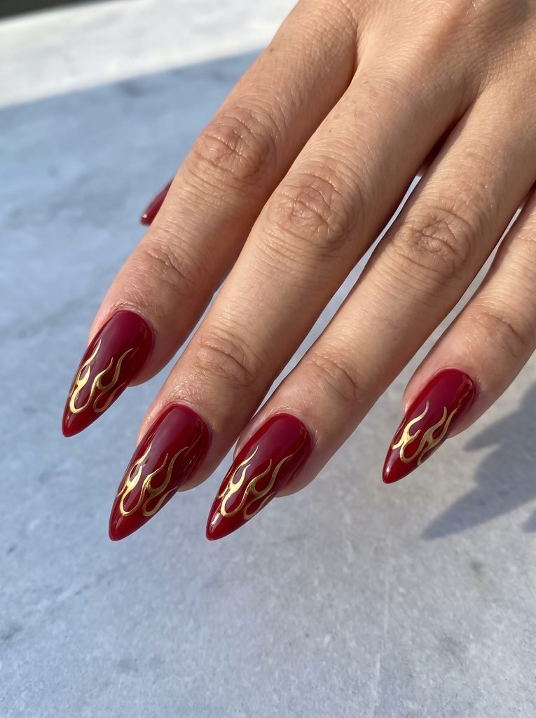 Red and Gold Stiletto Nail Art