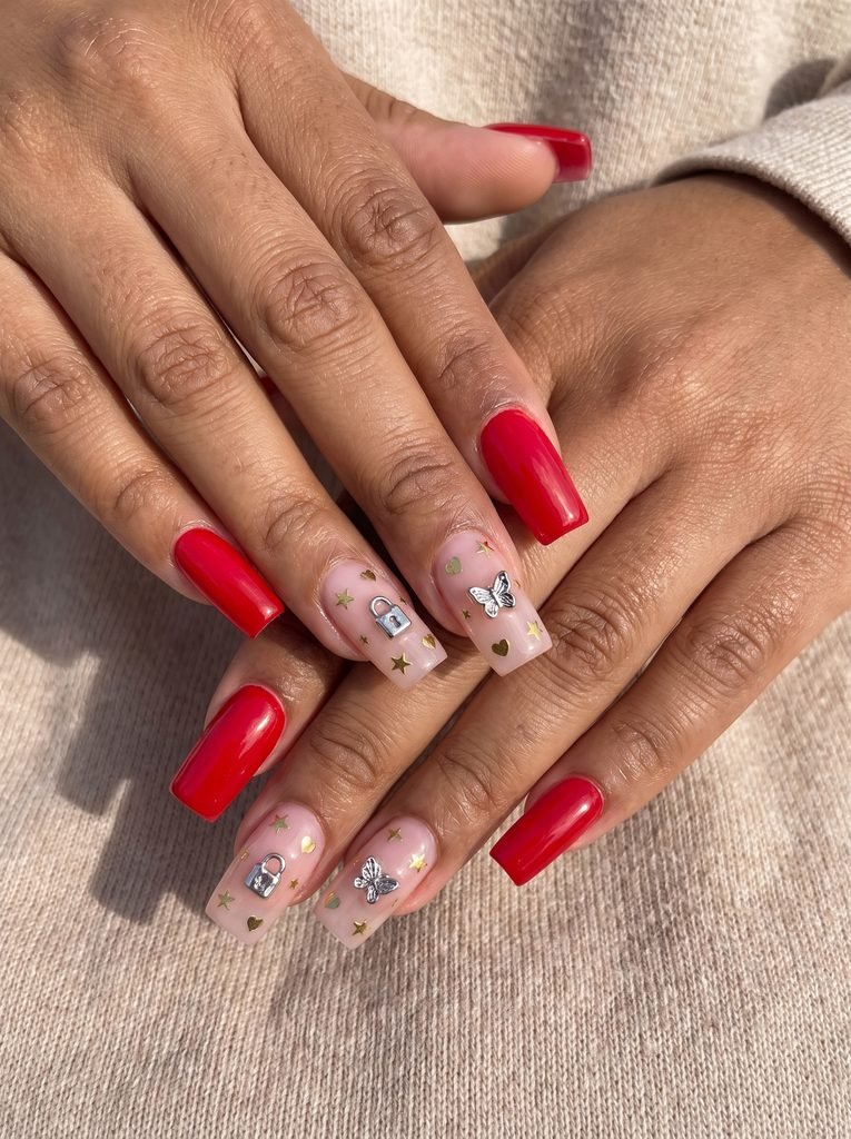 Red and Gold Y2K Charm Nails