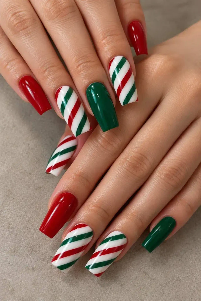 Red and Green Candy Cane Nails