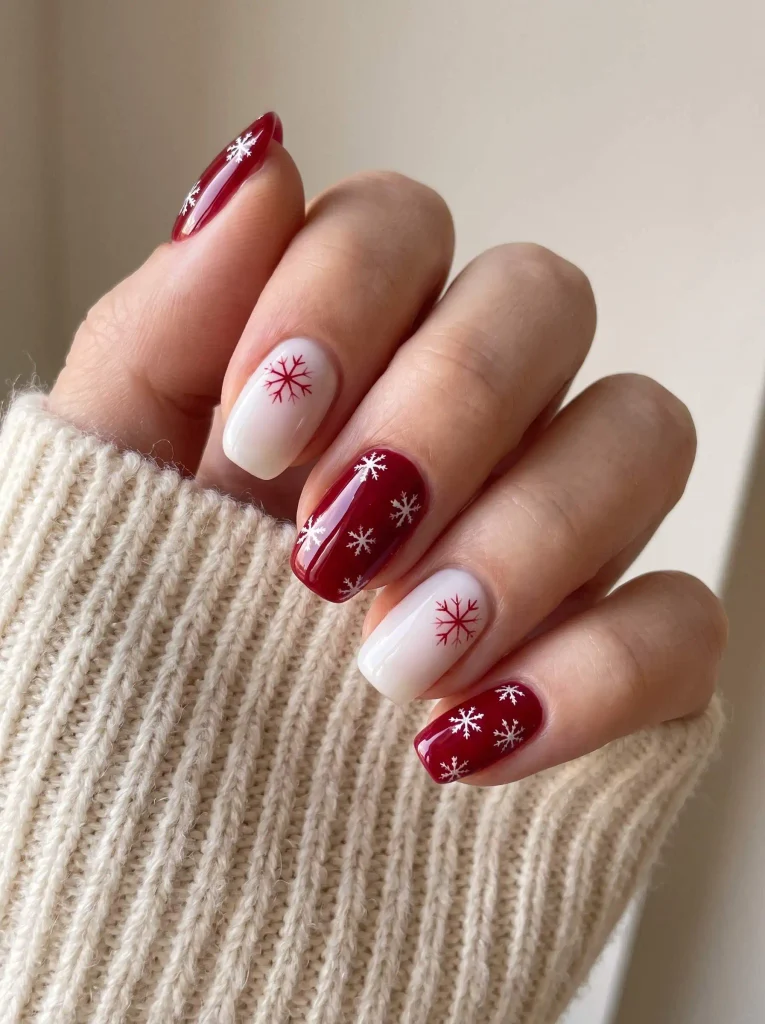 Red and White Christmas Snowflake Nails