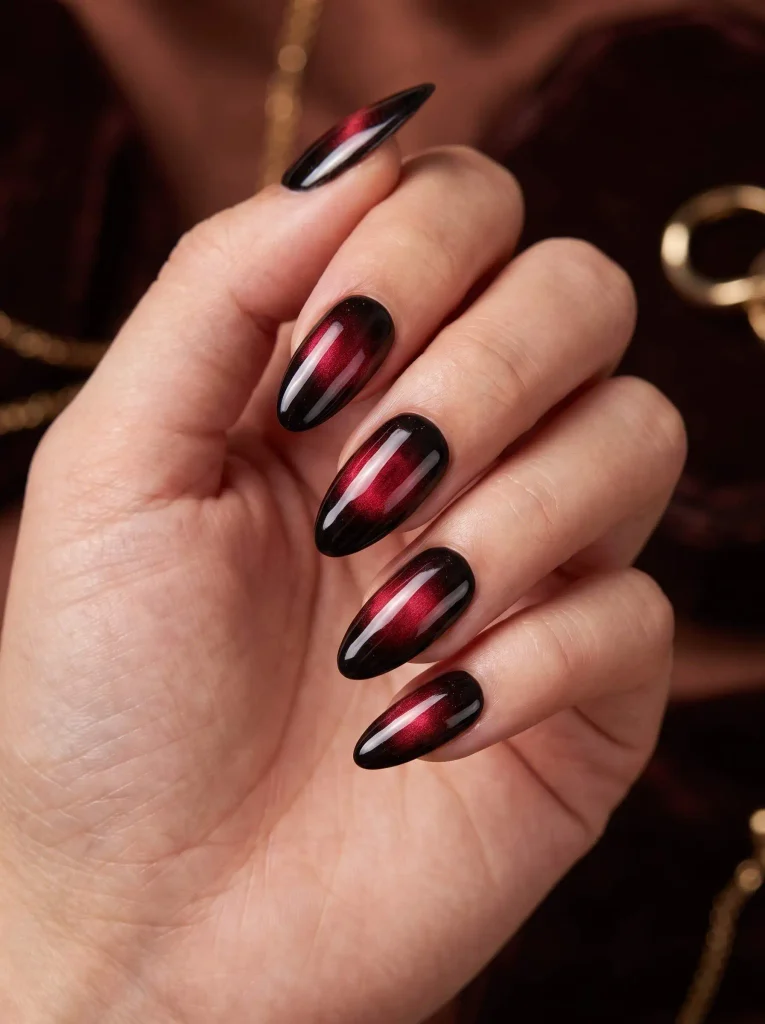 Red and black cat eye nails