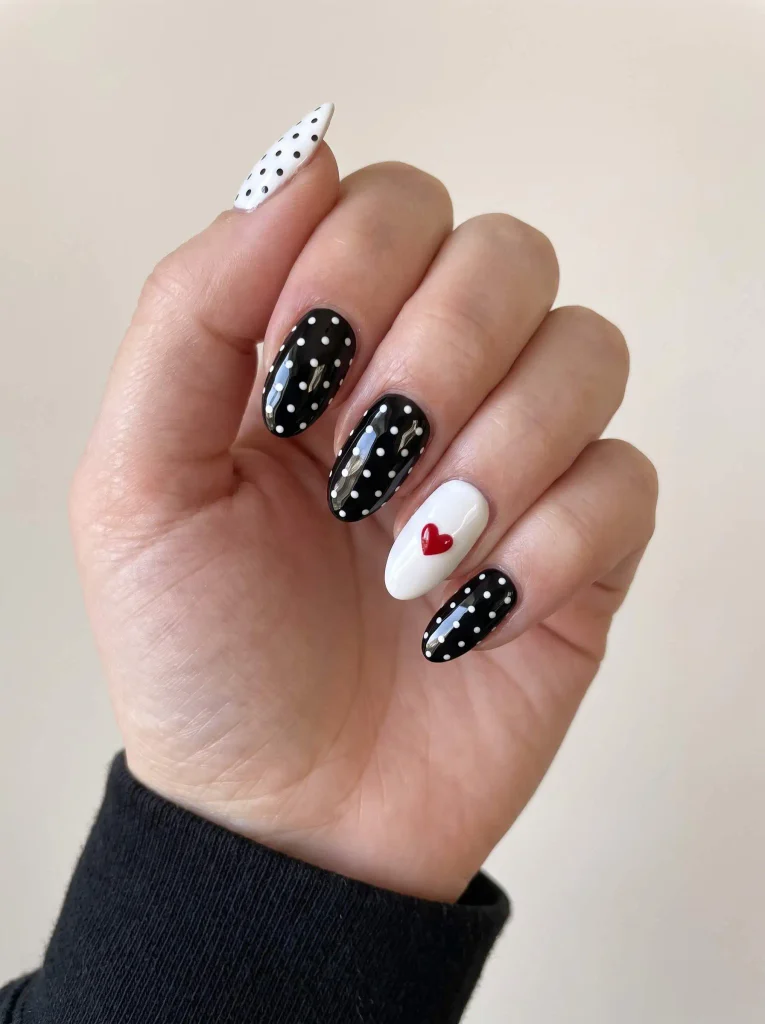 Red heart black and white polka nails
