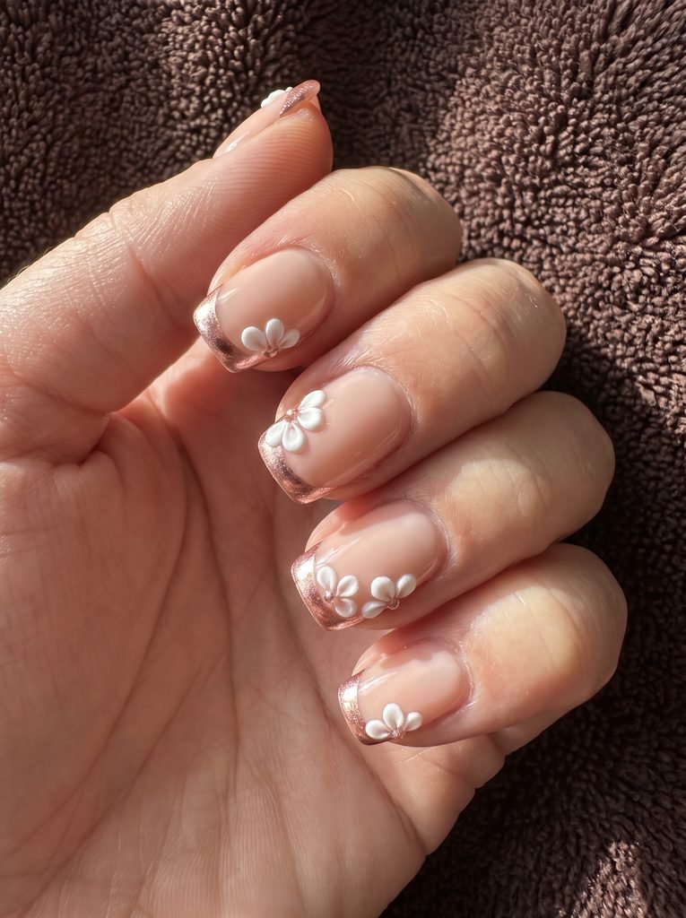 Rose Gold 3D Flower Acrylic Nails