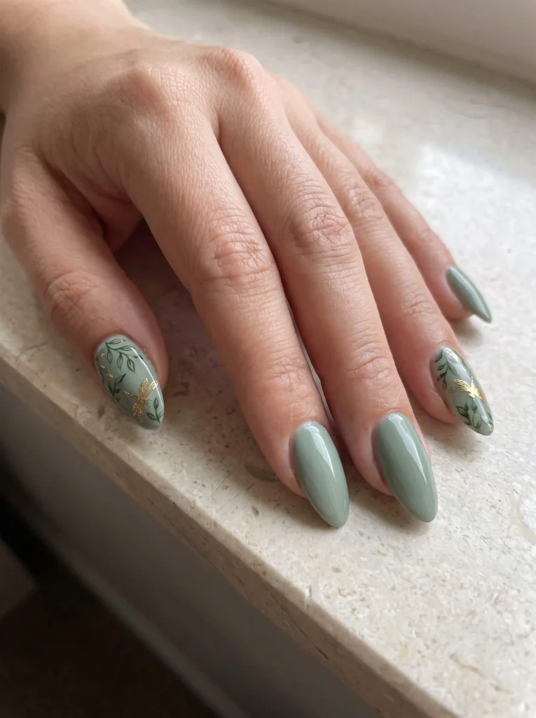 Sage green botanical dragonfly nails