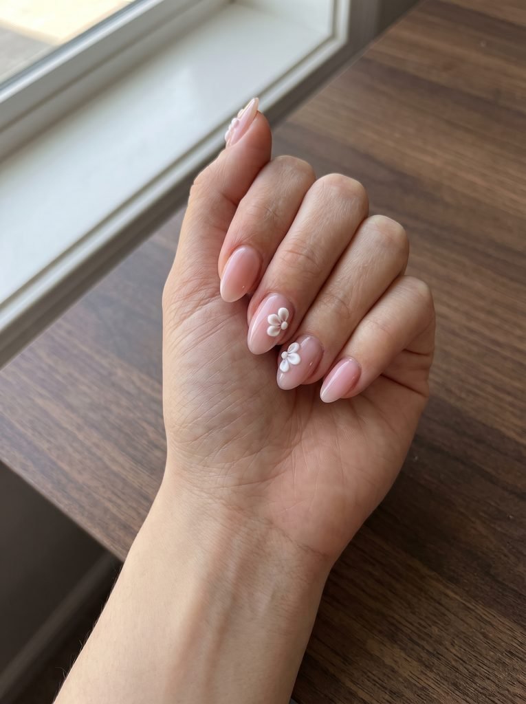 Short Almond Acrylic 3D Flower Nails