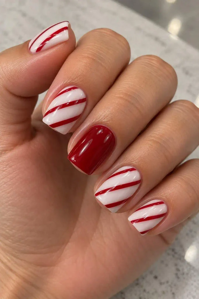 Short Candy Cane Acrylic Nails