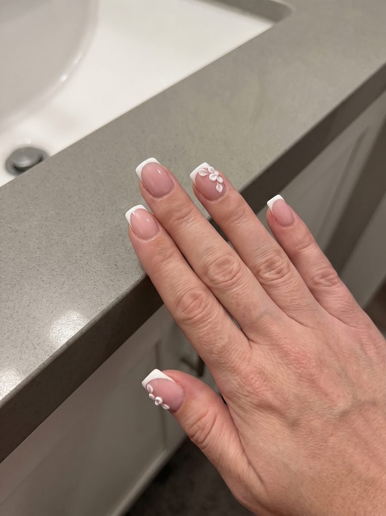 Short French Tip 3D Flower Acrylic Nails