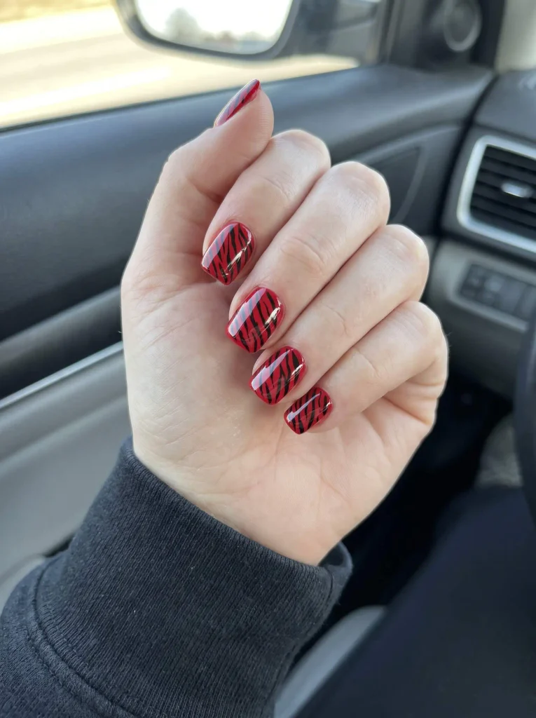 Short Red Zebra Print Nails