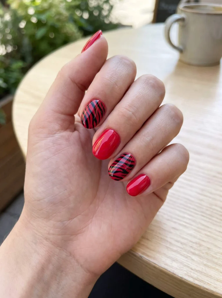 Short Red Zebra Summer Nails