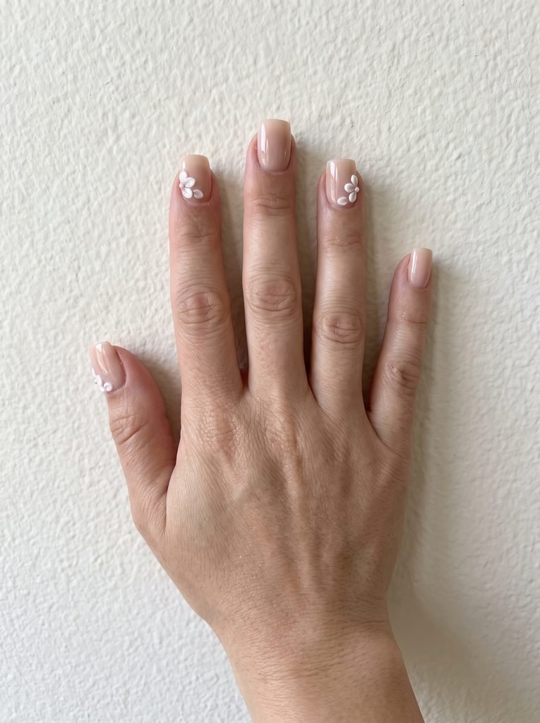 Short Square Acrylic 3D Flower Nails