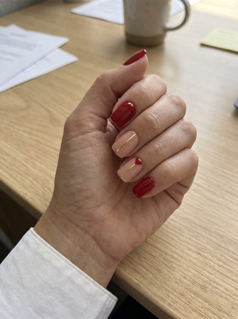 Short Square Red and Gold Nails
