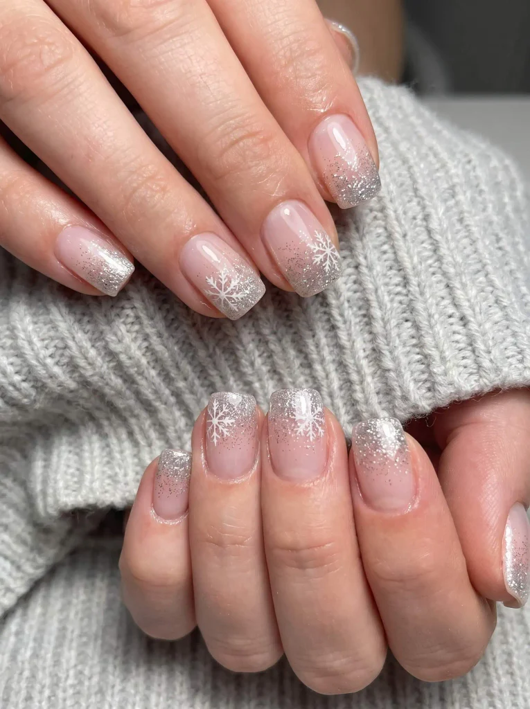 Short Square Snowflake Glitter Winter Nails