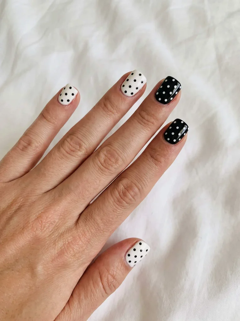 Short square black and white polka nails