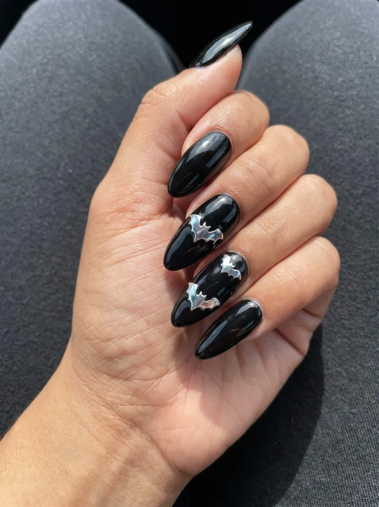 Silver Chrome Bat Halloween Nail Art