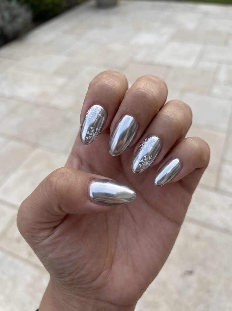 Silver Chrome Snowflake Almond Nails