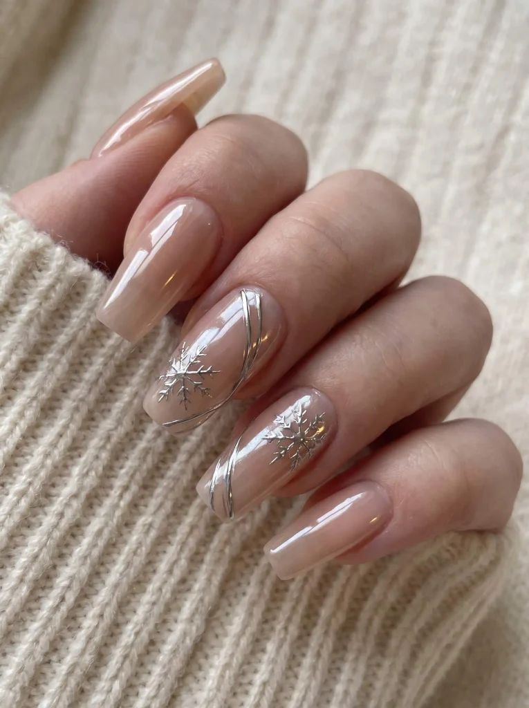Silver Chrome Snowflake Nails on Nude Base