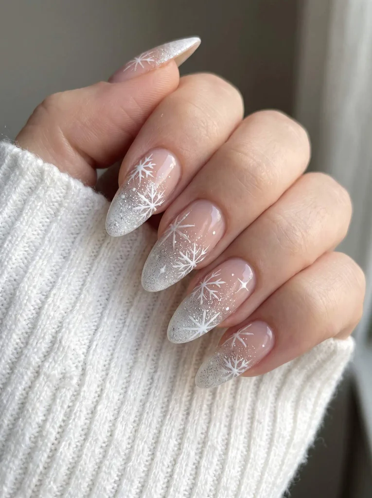 Silver Glitter Ombre Snowflake Almond Nails