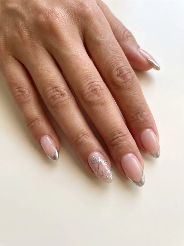 Silver floral dragonfly French tip nails