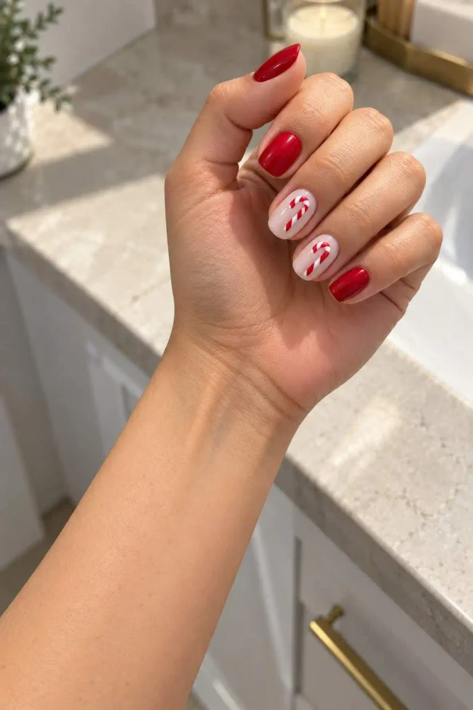 Simple Candy Cane Accent Nails