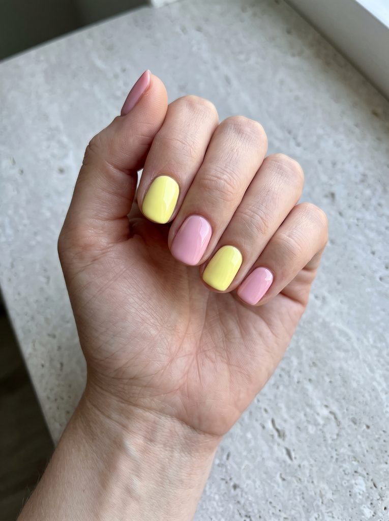 Simple pink and yellow short nails