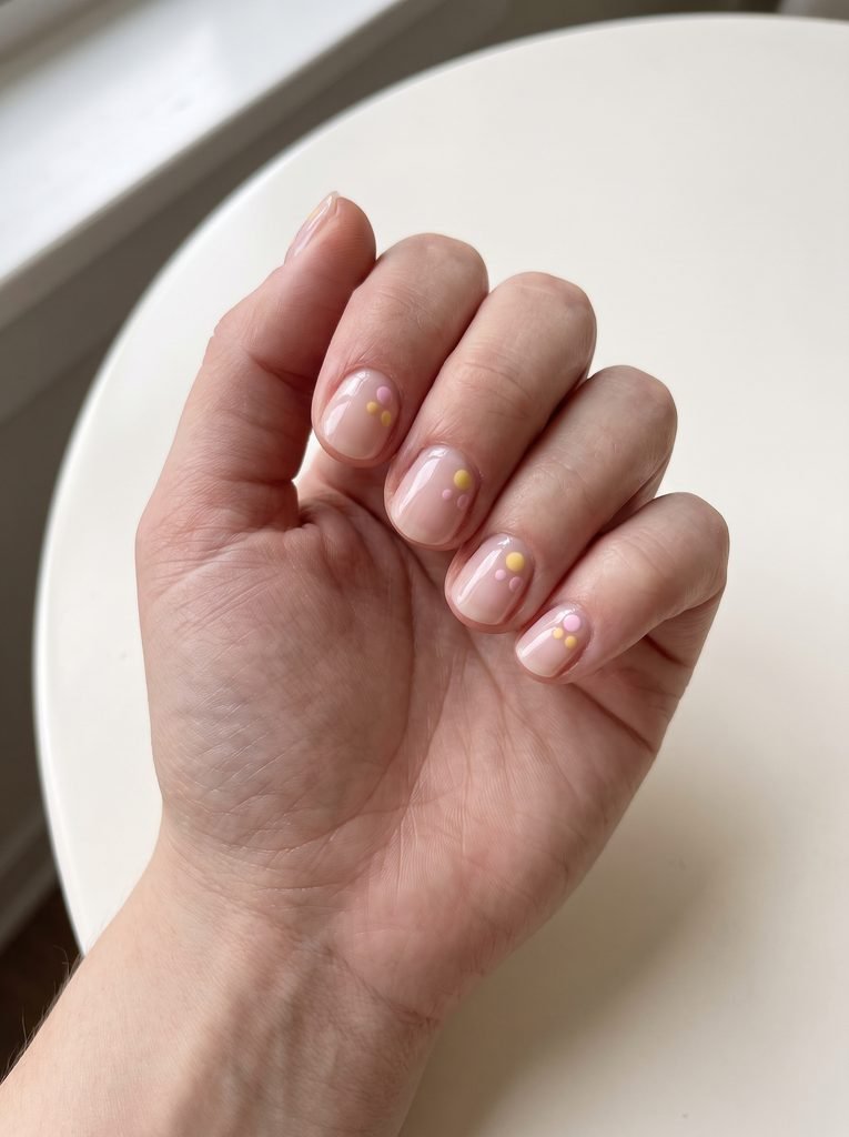 Simple pink yellow polka dot nails