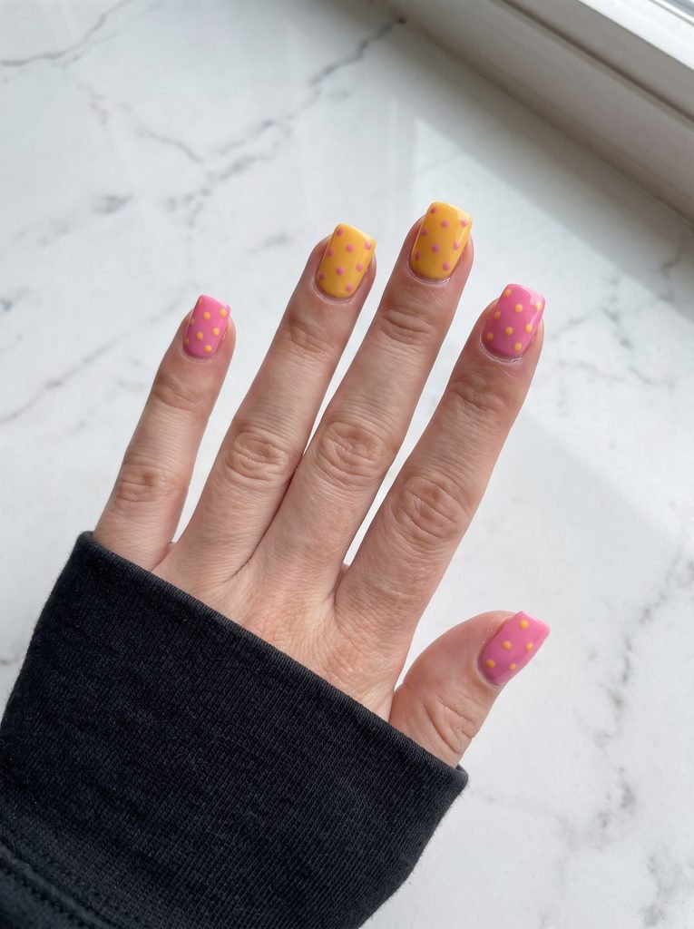 Square pink yellow polka dot nails