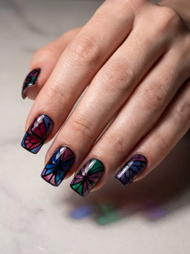Stained glass butterfly wing nails