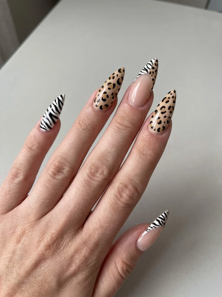 Stiletto Zebra and Cheetah Print Nails