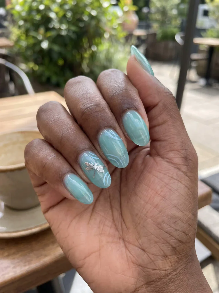 Summer aqua dragonfly gel nails