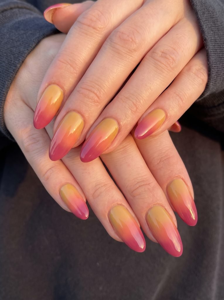 Sunset gradient pink and yellow nails
