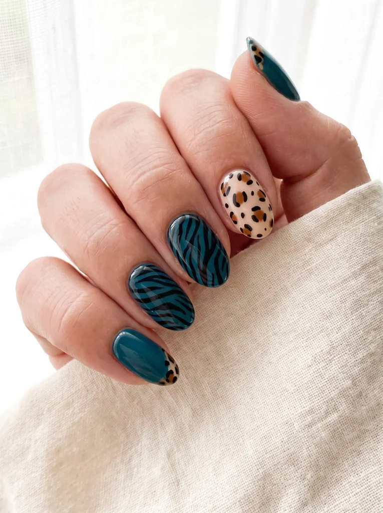 Teal Zebra and Cheetah Print Nails