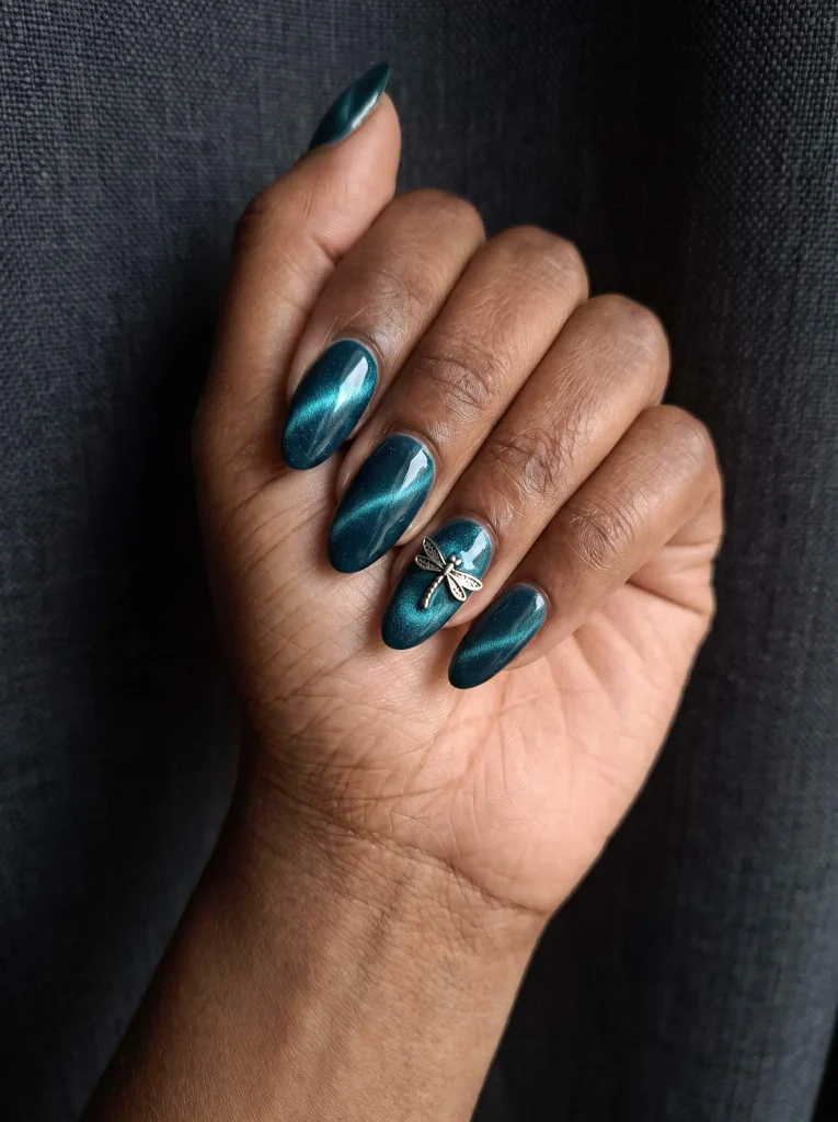 Teal cat eye dragonfly nails
