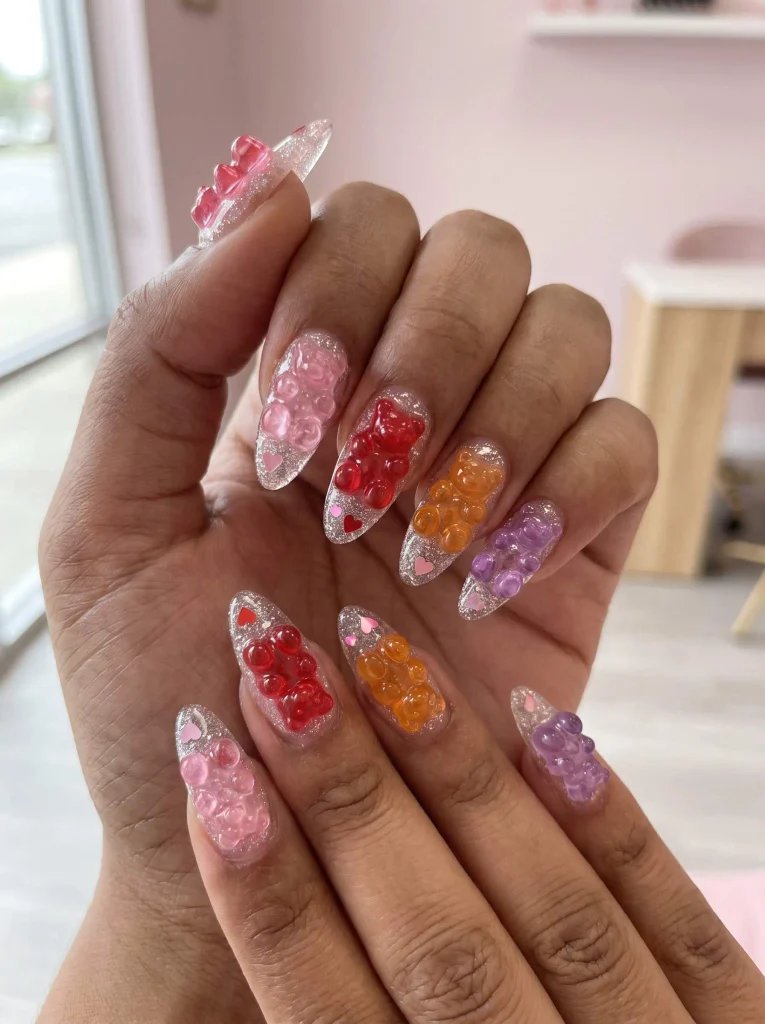 Valentine gummy bear nails