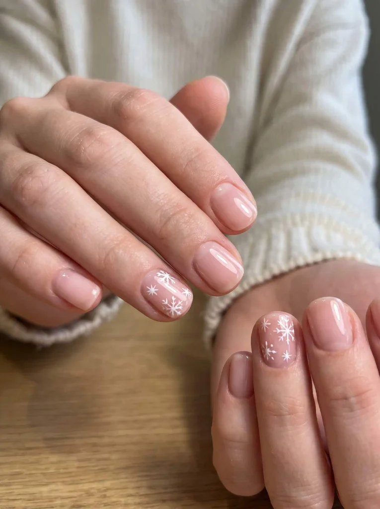 Very Short Natural Nails with Snowflakes