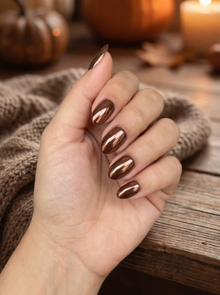 Warm Brown Chrome Thanksgiving Nails