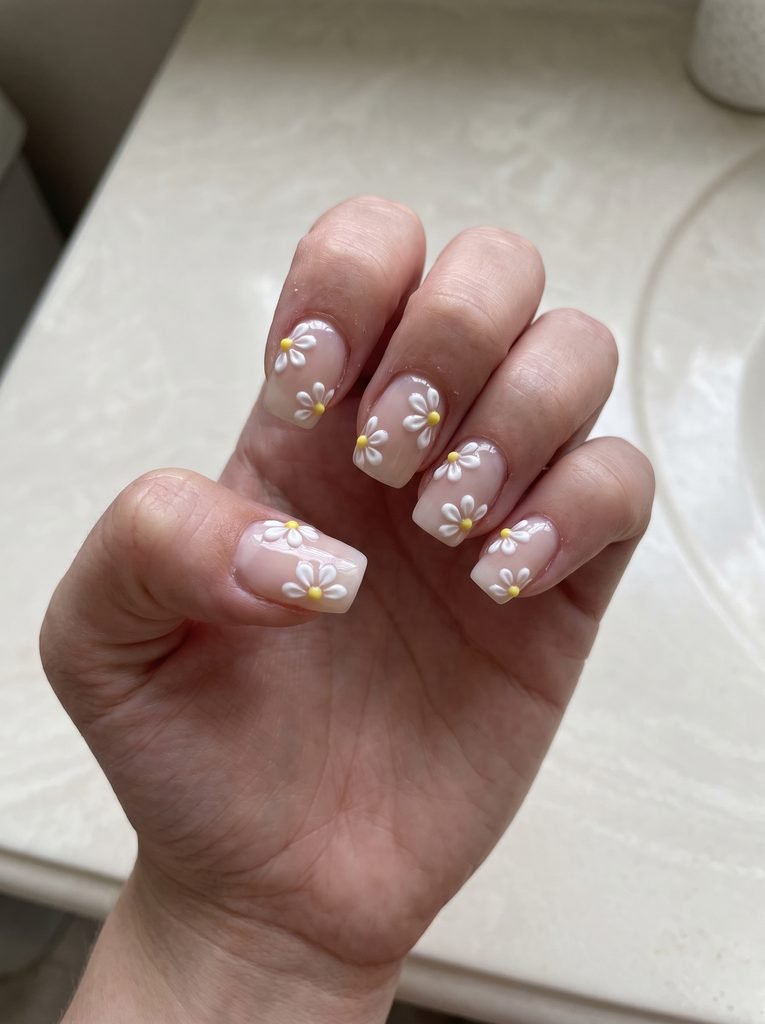 White 3D Daisy Short Acrylic Nails
