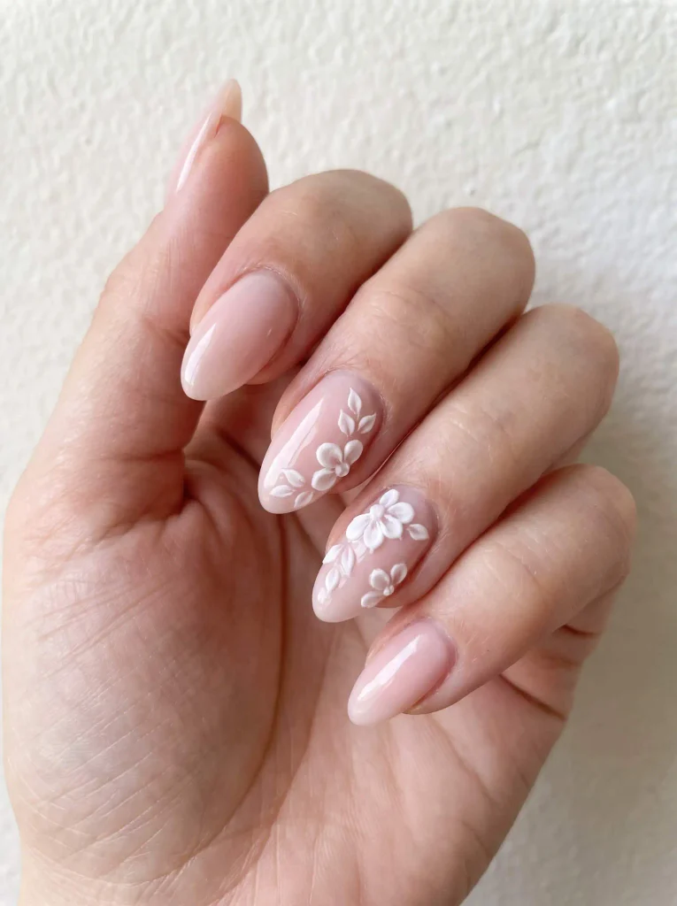 White 3D Floral Wedding Bridal Nails