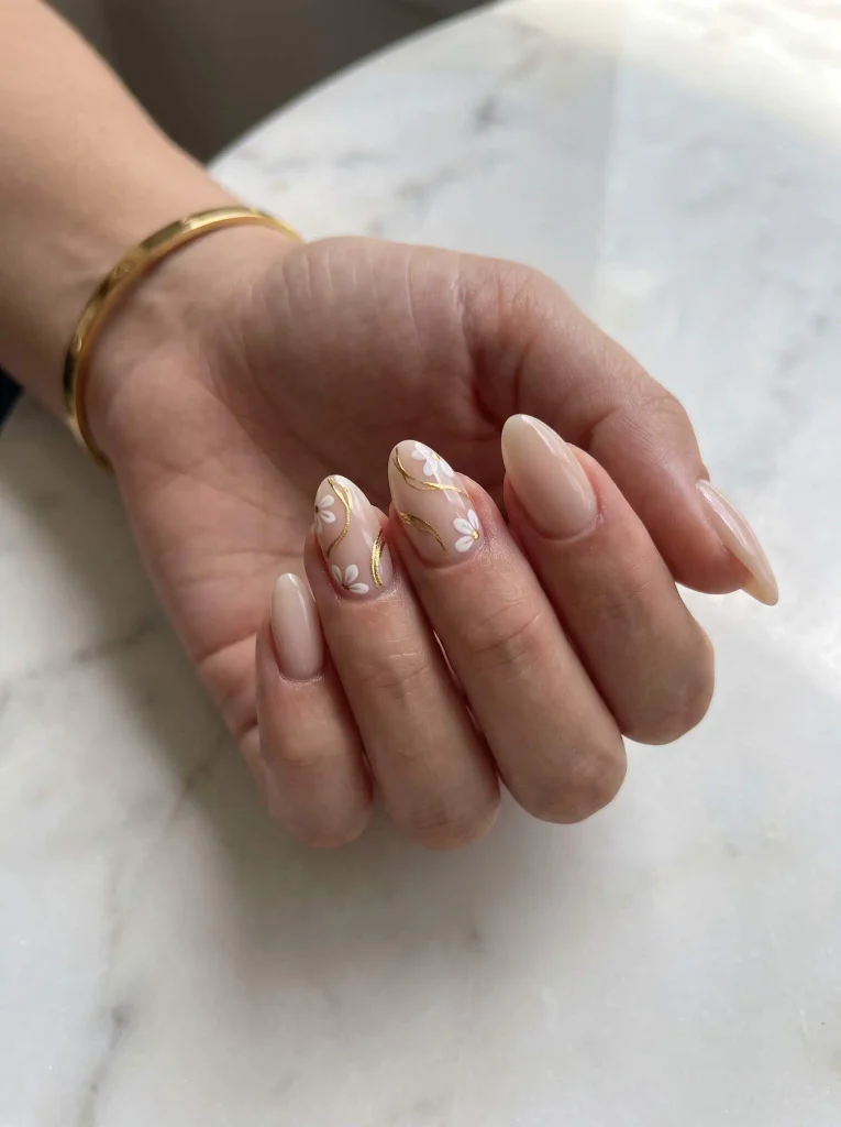 White Floral Gold Wedding Bridal Nails