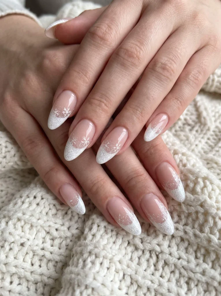 White Glitter French Snowflake Almond Nails
