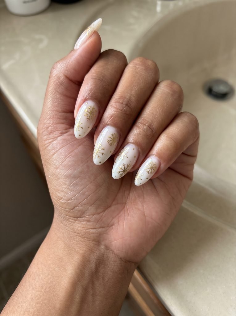 White Gold Snowflake Almond Nails