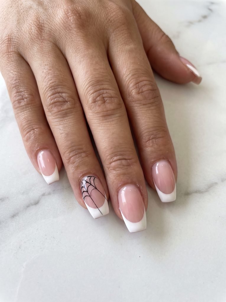 White Spider Web Coffin French Tips