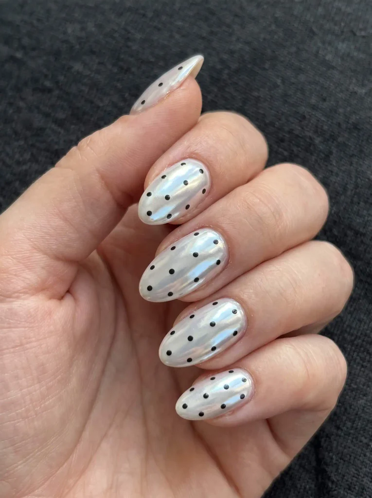 White chrome black polka dot nails